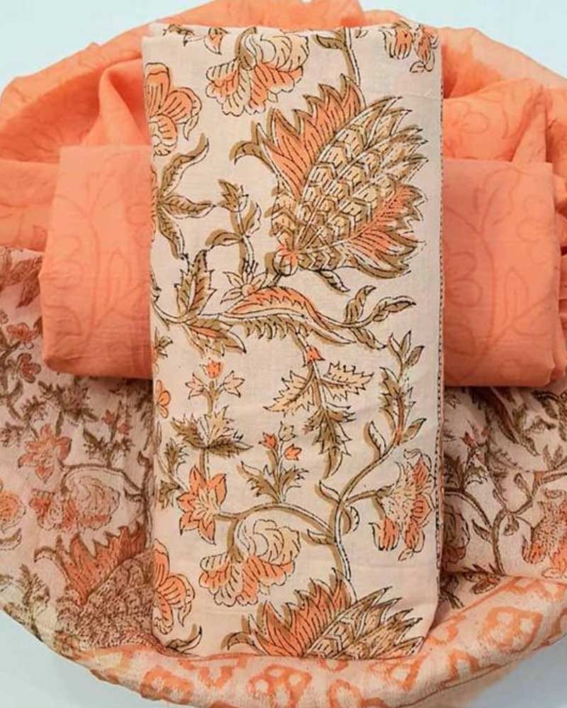 Peach Floral JAL Handblock Printed Cotton Dress Material – Designer & Wholesale Orders